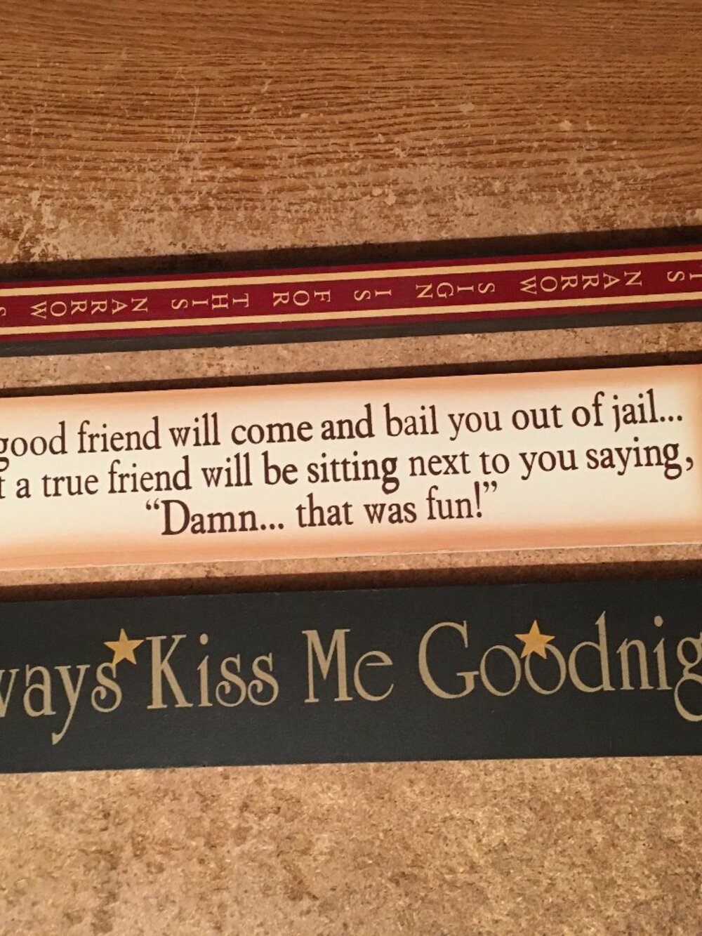LOT OF 3 WALL DECOR HOUSEHOLD LONG SIGNS PLAGUES KISS ME GOOD NIGHT DIRECT INTL